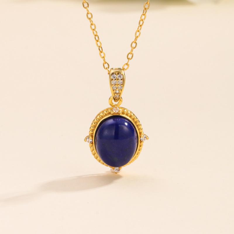 S925 sterling silver necklace women's oval egg surface lapis lazuli retro atmosphere fashion simple daily commuter collarbone chain