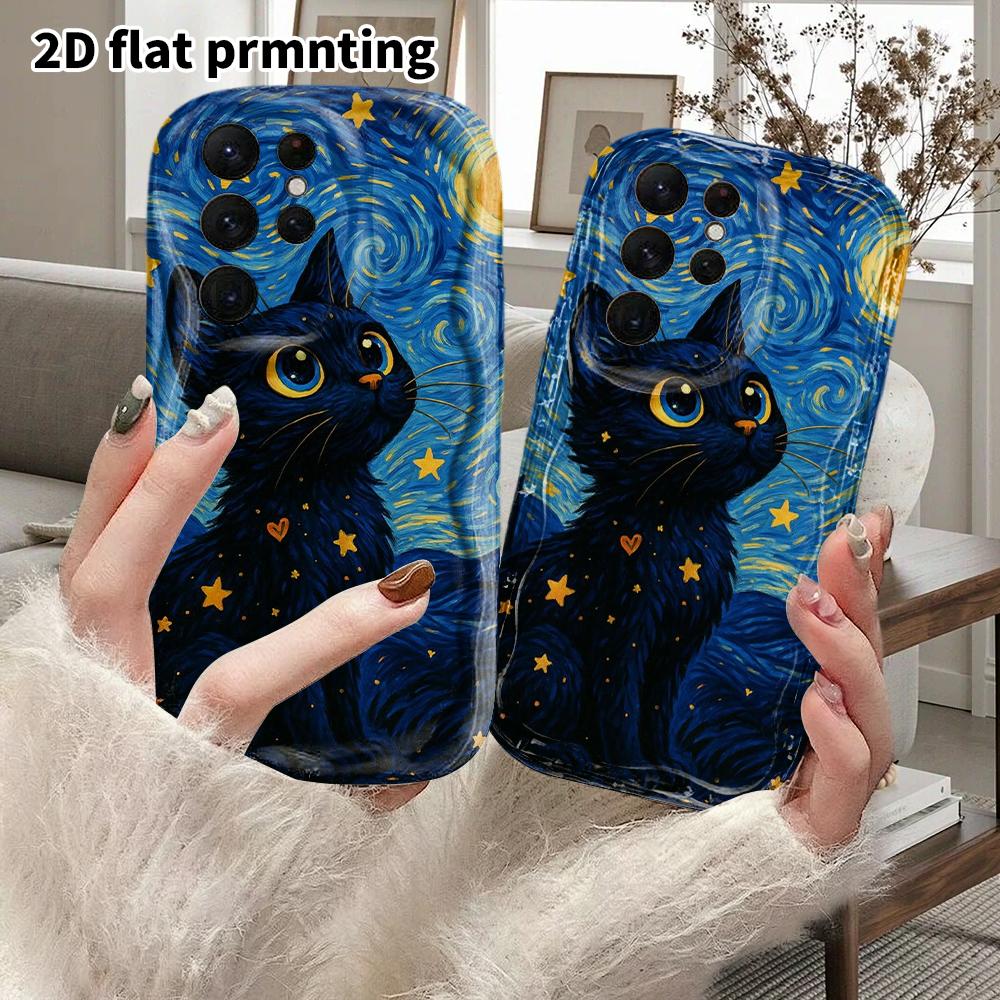 Phone Case: 2D Flat Samsung Galaxy A34 A35 M05 M06 S20 S22 S21 FE Plus 5G Protective Case, Couple Style, Starry Night Black Cat, Christmas and Hallowe