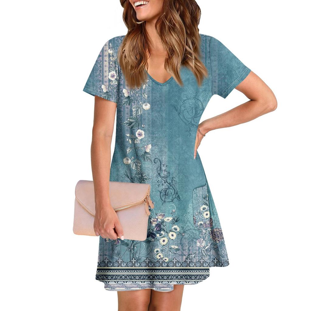 Ladies' Casual And Fashionable V-neck Short Sleeve Printing Mid Length Dress