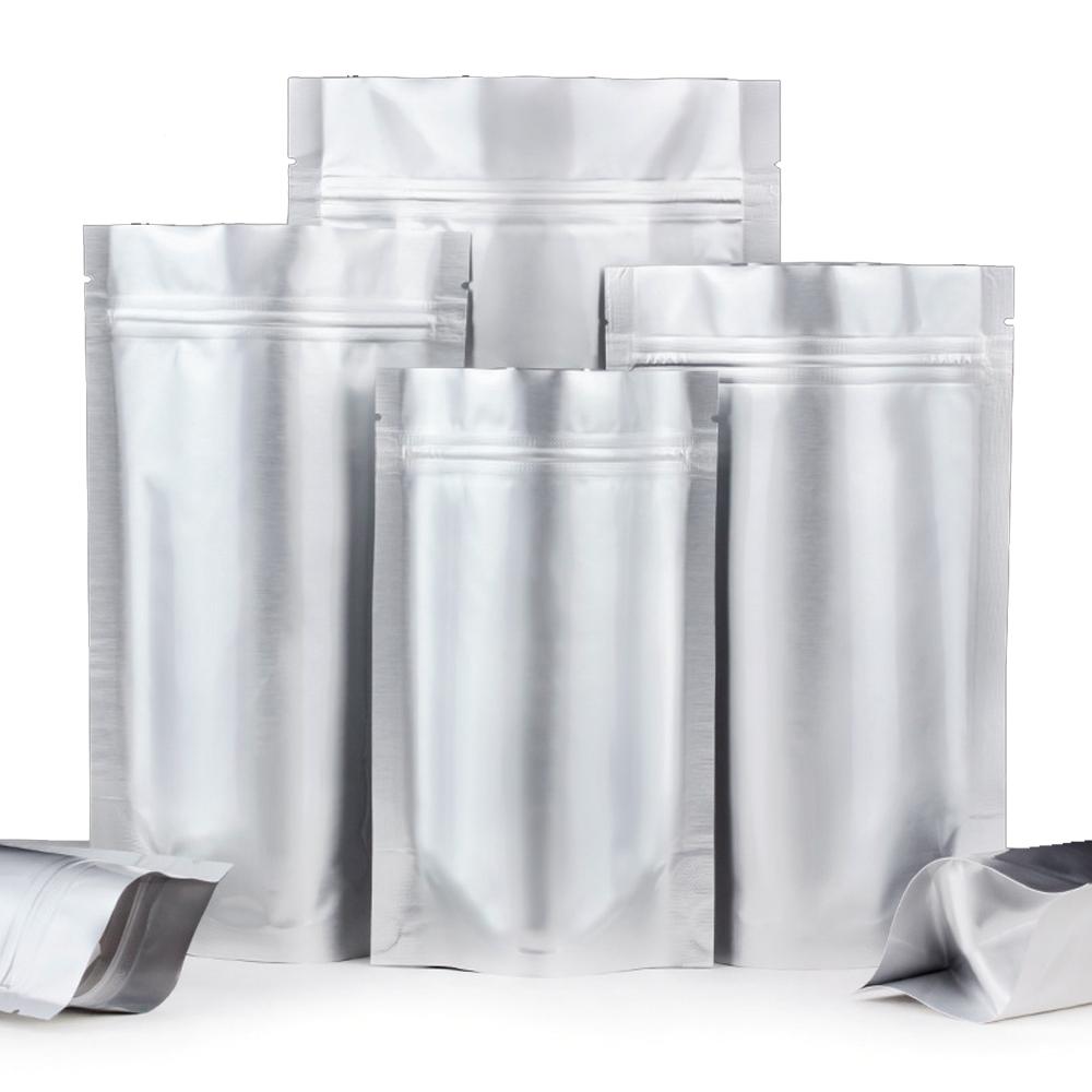 100Pcs Silver Zip Lock Pure Mylar Foil Stand Up Bag Self Seal Reusable Resealable Tear Notch Doypack Food Storage Pack Pouches