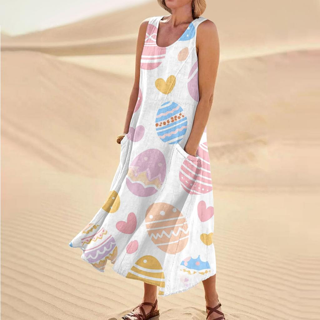 Women's Summer Casual Fashion Easter Printed Sleeveless Round Neck Pocket Dress