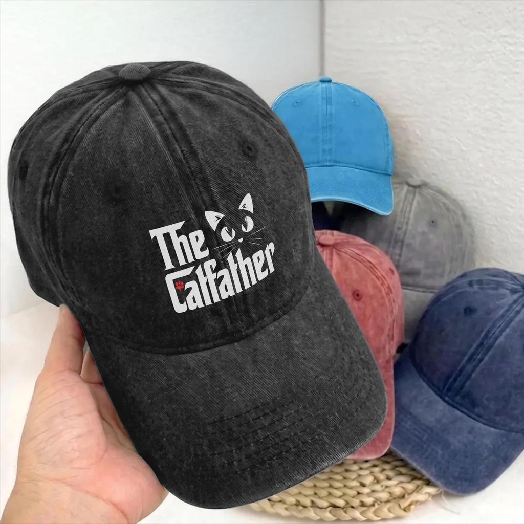 Vintage The CatFather Father Of Cats Funny Baseball Caps Unstructured Unisex Women Dad Gift Distressed Denim Sun Cap Activities Hat