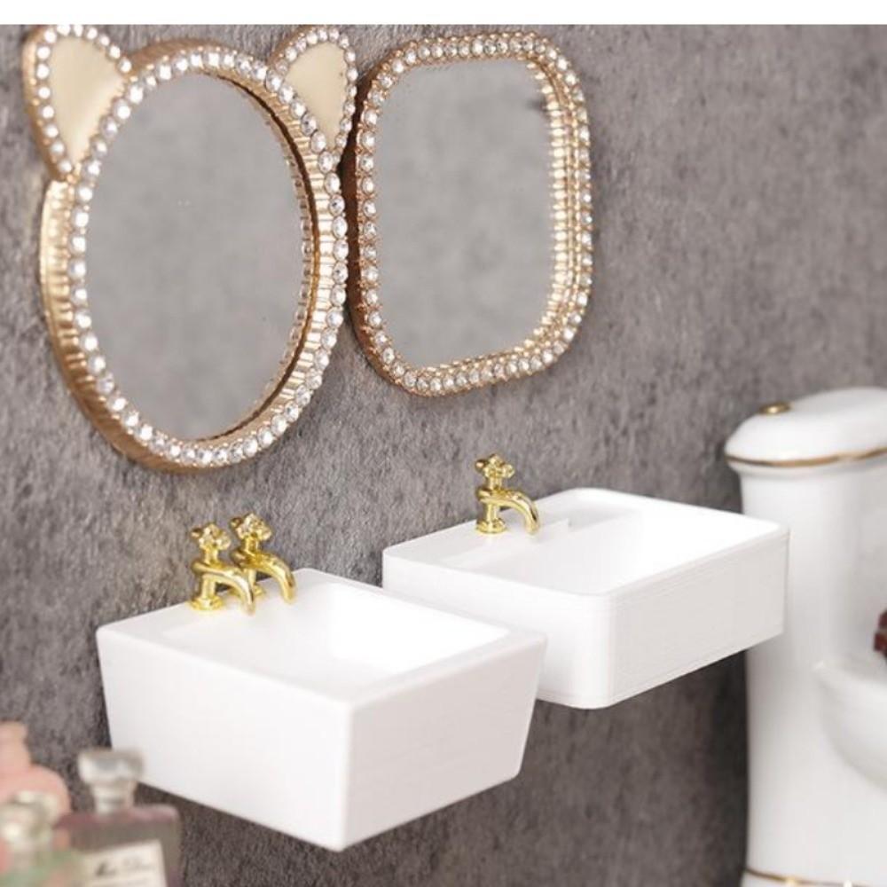 White Dollhouse Bathroom Sinks Golden Tap Miniature Dollhouse Sink  Dollhouse Accessories
