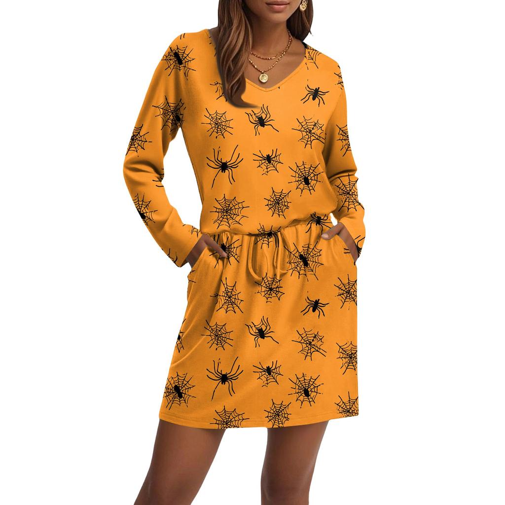 Women's Fashionable V-neck Long Sleeved Drawstring With Pocket Halloween Printed Casual Dress