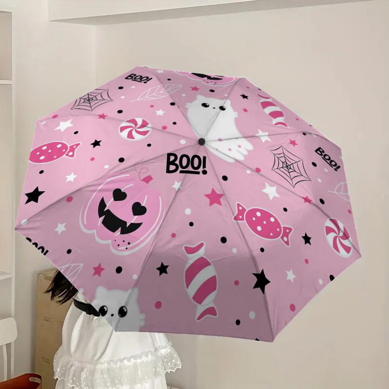 1pc Pink Halloween Pattern Umbrella with Plastic Handle,Suitable for All Seasons Home Travel Outdoor UmbrellaDD1809