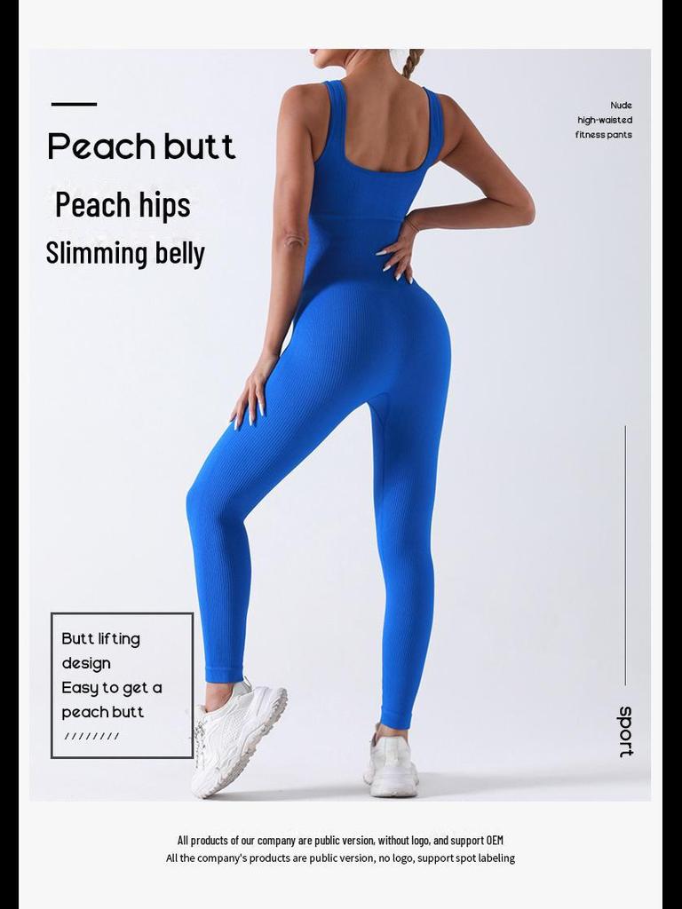 Double-Layer Ribbed Jumpsuit with Chest Pad - Seamless Sportswear for Yoga & Fitness