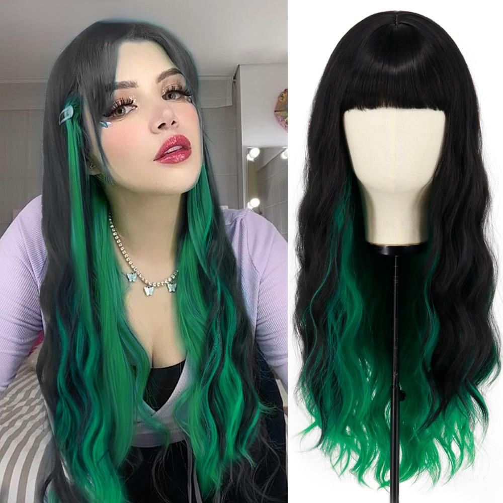 MERISIHAIR Long Ombre Synthetic Orange Red Black Pink Wigs with Bangs Water Wave Synthetic Heat Resistant Fiber Wigs for Women
