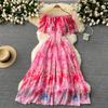 Sweet Vintage Ruffle Print Elegant Cut Out Dress Casual Women A-LINE  Fashion Summer Off Shoulder Dresse