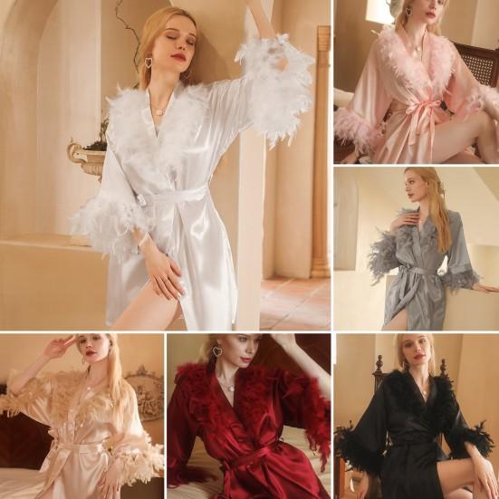 Женская ночная рубашка с перьями, регулируемый пояс, атласный V-образный вырез, имитация шелка, однотонная пижама, вечеринка, свадьба, невеста, подружка невесты, утренний халат