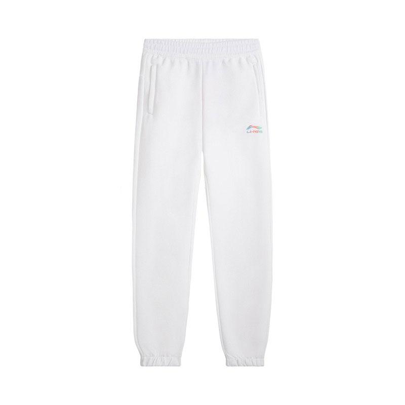 Li Ning Knitted Sweatpants Women's White Fleece Lined Thickened Straight Fit Pants AKLVD14-2