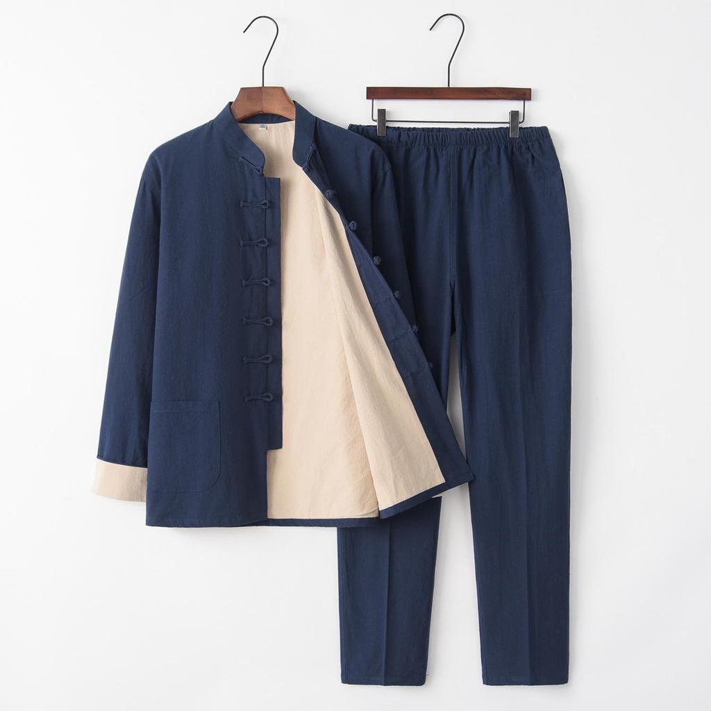 Men's Double-Layer Cotton Linen Tang Suit Set for Autumn/Winter: Zen Meditation & Tea Wear