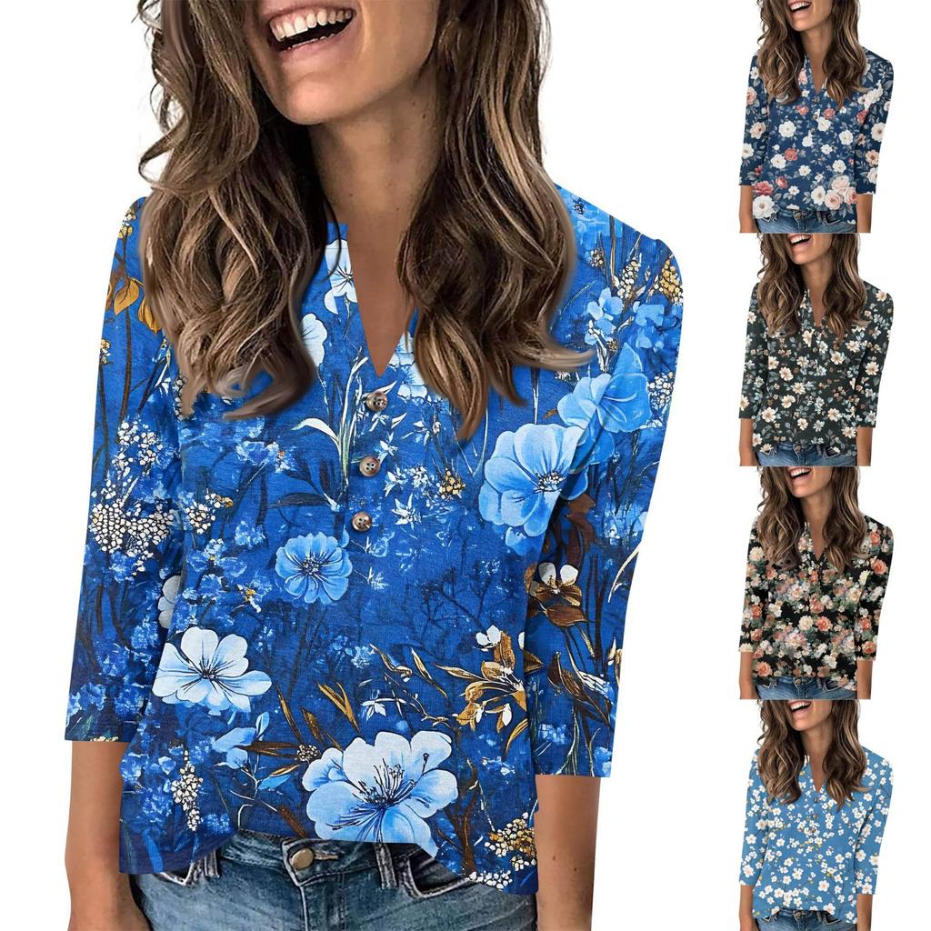 Женский модный повседневный пуловер с рукавом 3/4, принтом на пуговицах и V-образным вырезом