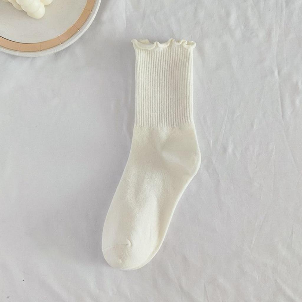 Женские носки до середины икры кремового цвета на шнуровке, весенне-летние из чистого хлопка в японском стиле с оборками, осенне-весенние короткие носки