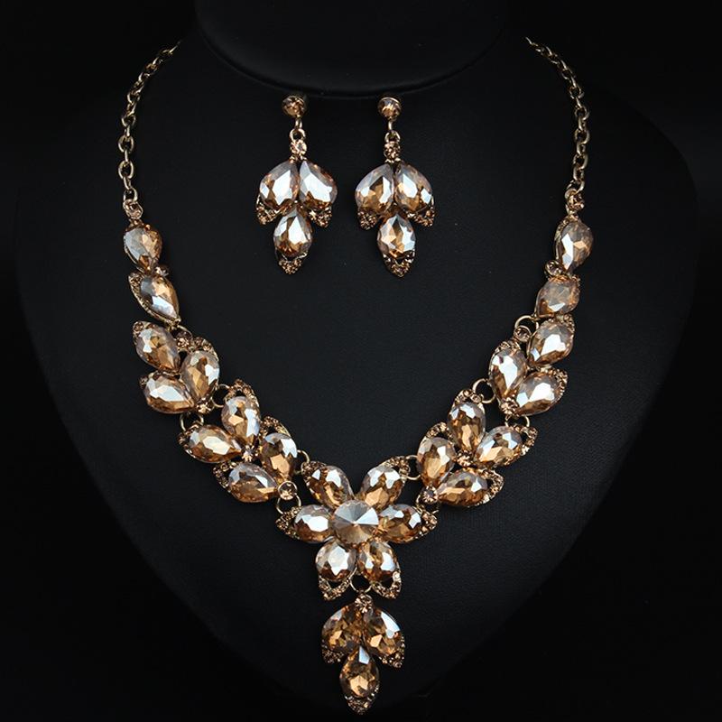 Jewelry Crystal Gemstones Flower Clavicle Necklace Earrings Set Dress Women'S Banquet Accessories
