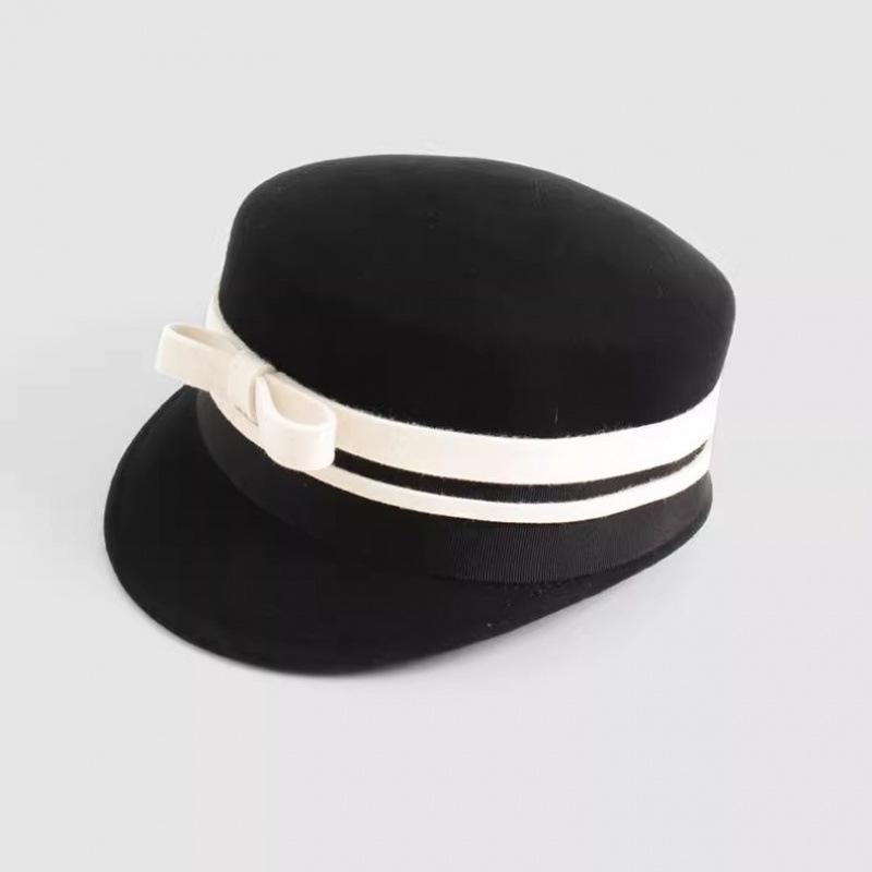 Woolen bow casual contrasting color bucket hat equestrian fashion British cap hat autumn and winter top hat