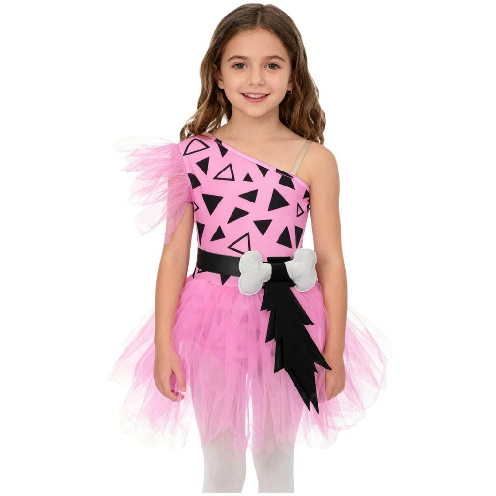 Girls Cavegirl Outfit Patchwork Tutu Dress Adjustable Strap Mesh Short Sleeve Built In Briefs 3D Bone Belt Prehistoric Costume