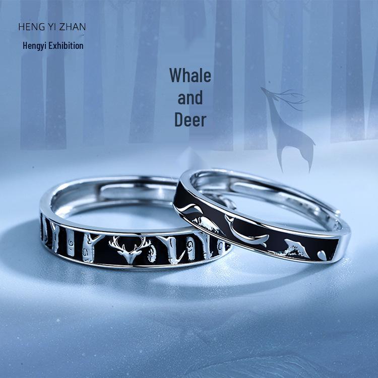 Кольца для пар Whale & Deer s999 из чистого серебра в ретро-стиле: Японский и корейский нишевый дизайн, открытые парные кольца, рождественский подарок