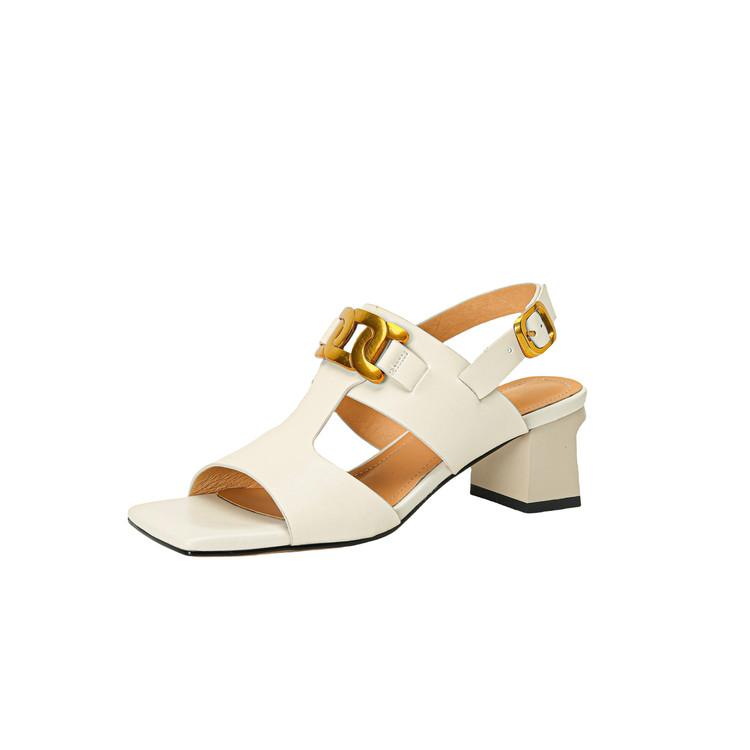 Модные новые летние сандалии Сандалии из спилковой кожи для женщин Модные металлические украшения Сандалии с квадратным носком Женские туфли на высоком каблуке Повседневная обувь