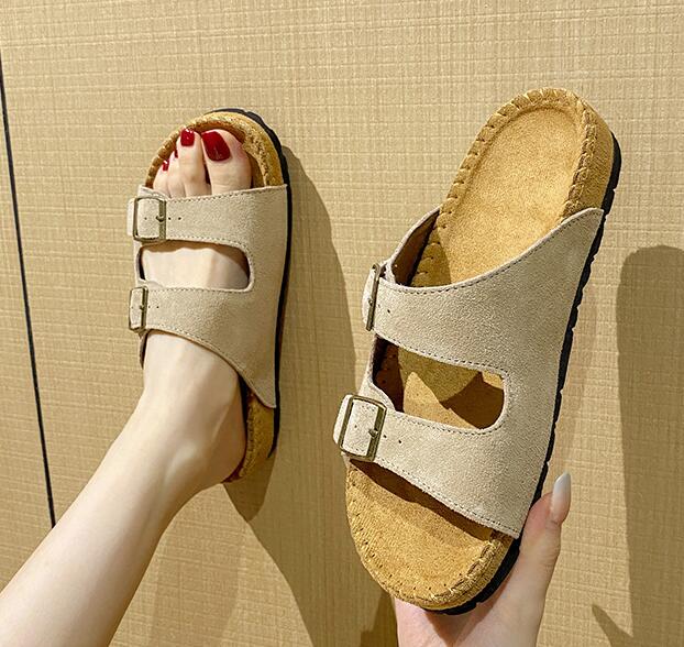 Модные шлепанцы из натуральной кожи и пробки, женская обувь, летние сандалии из коровьей замши с двумя пряжками, женские пляжные тапочки, женские шлепанцы