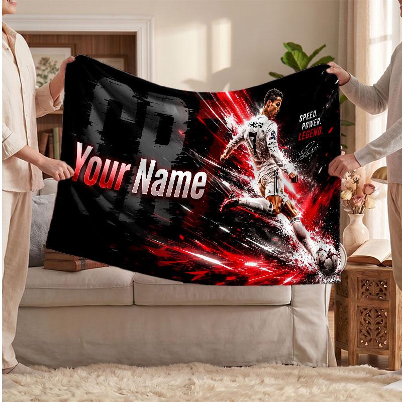 Cristiano Ronaldo Personalized Fleece Blanket With Football Logo, Custom Name Text Soft Warm Home Throw Blanket
