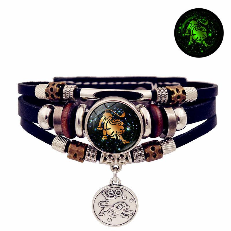 12 Constellations Multi Layers Leather Cuff Chain Bracelet Jewelry for Women Men Birthday Valentines