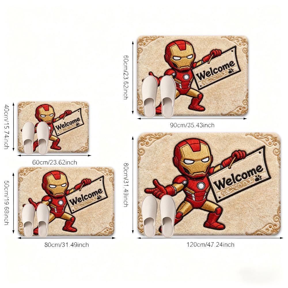 1pc Polyester 2D Flat Printing Marvel Doormats Iron Man Soft Flannel Welcome Rug, Ultra-Cozy Floor Mat for Bedroom Living Room