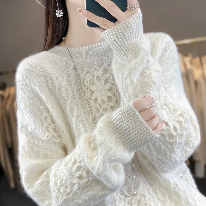 Осенне-зимний кашемировый свободный женский свитер с круглым вырезом, шерстяной утолщенный пуловер, свободный топ для женщин