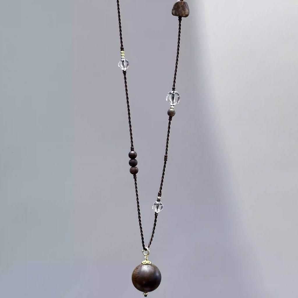 Original natural agarwood large bead pendant with braided rope sweater chain, white crystal necklace, new Chinese style gift for men and women