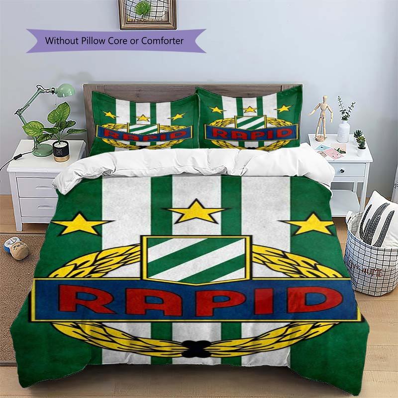Rapid Wien Football Club Logo Bedding Set, Green White Stripe Soccer Duvet Cover Set, 3 Piece Fan Bed Set