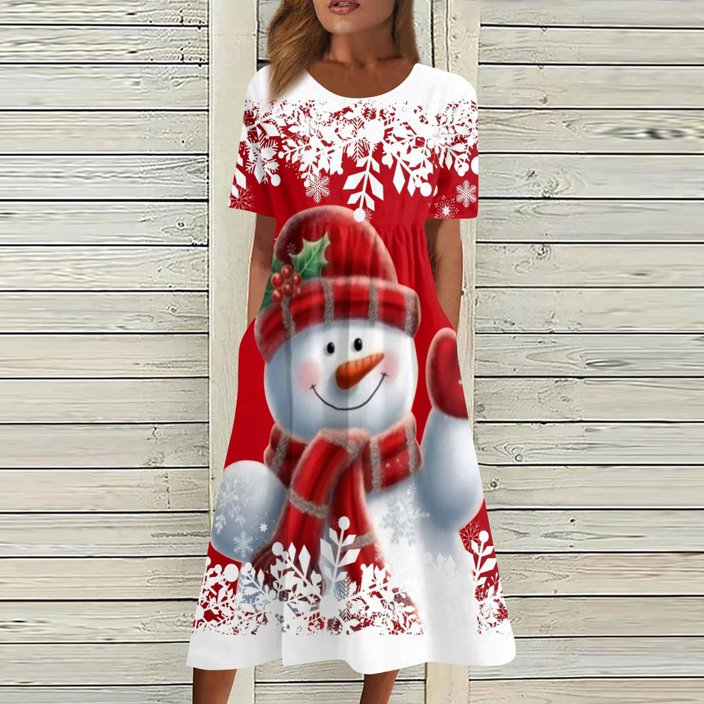 Women's Casual Fashion Christmas Print O-neck Dress