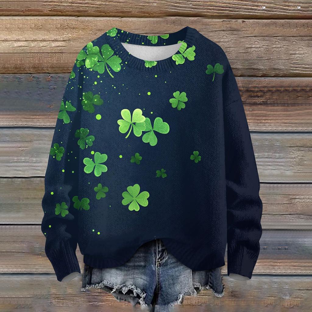 Женская мода вскользь с длинным рукавом St. Вязаный топ с круглым вырезом и принтом ко Дню Святого Патрика