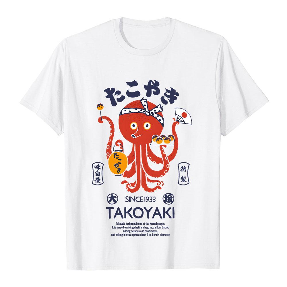 Japanese Takoyaki Octopus Printed T-shirt Unisex Short Sleeve Shirt Retro Japan Food Street Style Casual Tee for Men Women