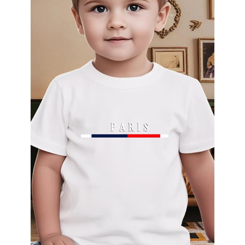 European sizes Boys' Paris-Themed Casual Short Sleeve T-Shirt - Round Neck Summer Top with Paris Lettering Print, Spring Summer Casual Attire
