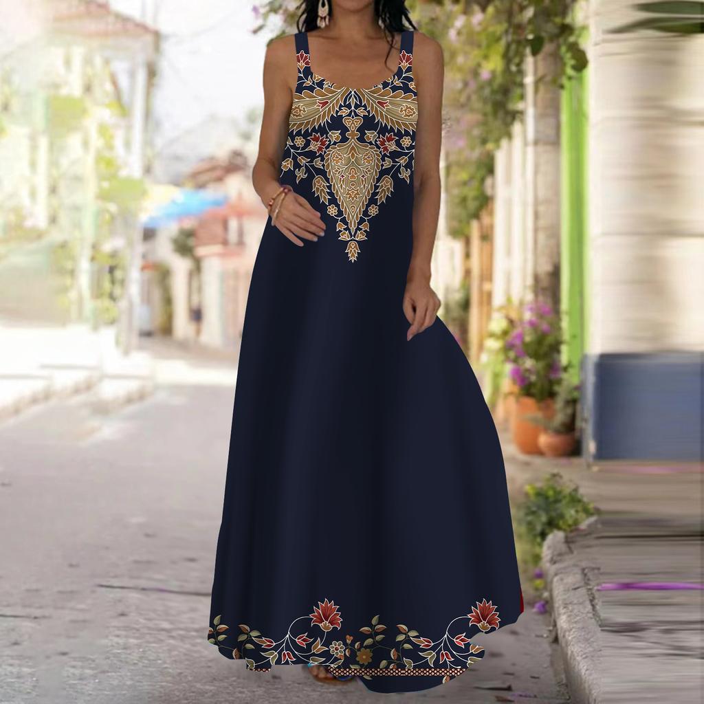 Женское платье-комбинация, длинное платье макси, изысканные узоры, принт, платье для весны и лета, V-образный вырез, для отдыха и отпуска