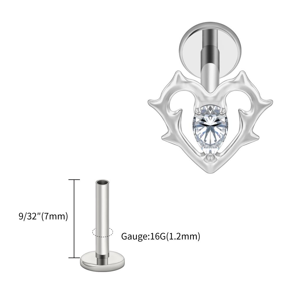 Правая Серьга-пирсинг в хрящ уха из титана ASTM F136, полая, в форме сердца, 16G, с подвеской в виде слезы, цирконий, на винтовом замке, для пирсинга козелка, лабрет