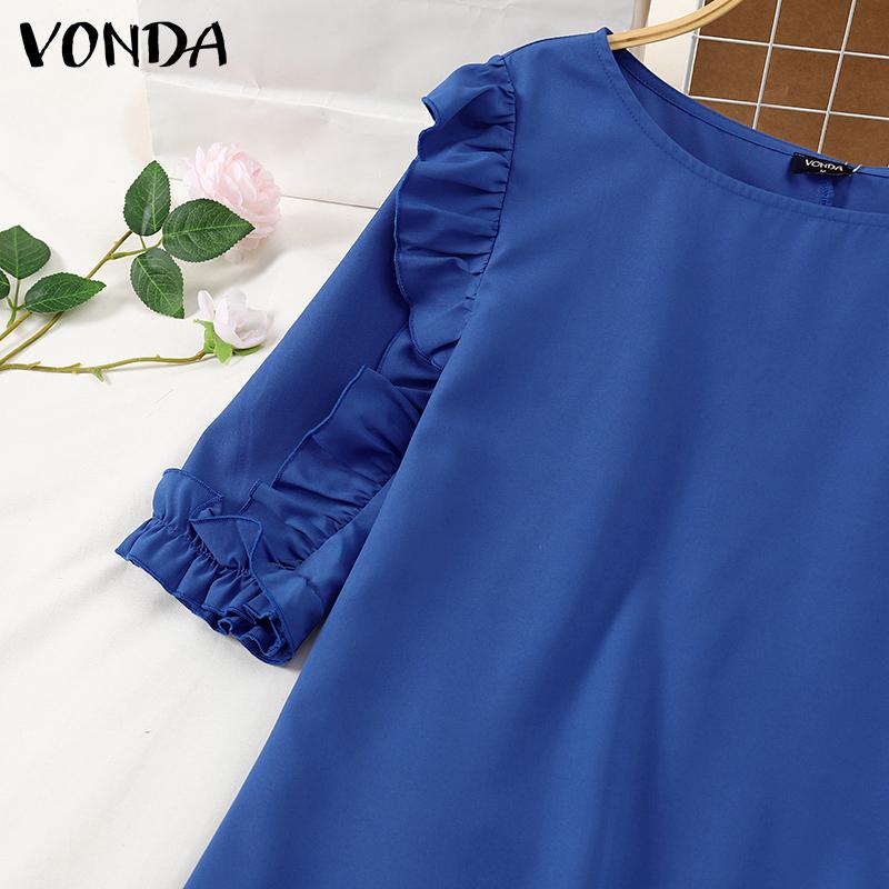 VONDA Women Summer Round Neck Ruffle Short Sleeve Dresses
