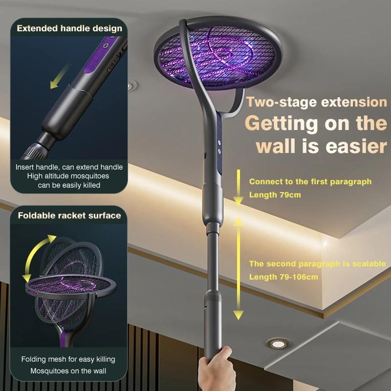 Intelligent Mosquito Swatter With Extension Handle 2800V Electric Mosquito Killer Type-C Rechargeable 5-Layer Protection