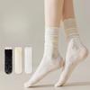 White Socks for Women, Black Ear-trimmed Pile Socks, Thin Lace Lace Mid-calf Socks, Versatile for Spring and Summer, Mesh Breathable Women's Socks