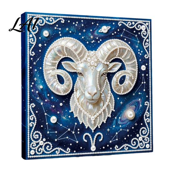 Handmade Faux Pearl Painting Kit DIY Kit 12 Zodiac Signs Rhinestone Art Set for with Wooden Frame Adults Beginners Fake Wall Decoration
