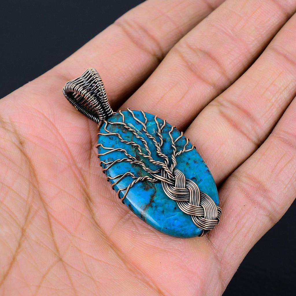 Ослепительное Древо Жизни Синий Азурит Драгоценный Камень Чистая Медная Проволока Обертка Ювелирные Изделия Ручной Работы Подвеска