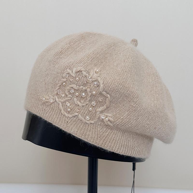 Кроличий пух Жемчужный вязаный берет Женская осенне-зимняя шляпа художника Теплая шерстяная шапка Зимние шапки для женщин, Шапки-бини для женщин, Зимние шляпы для женщин