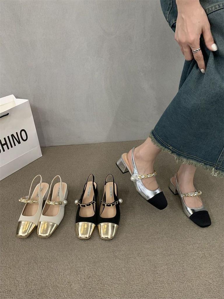 Silver premium Mary Jane rear empty single shoes women's summer 2025 new retro small fragrant wind pearl bag head sandals