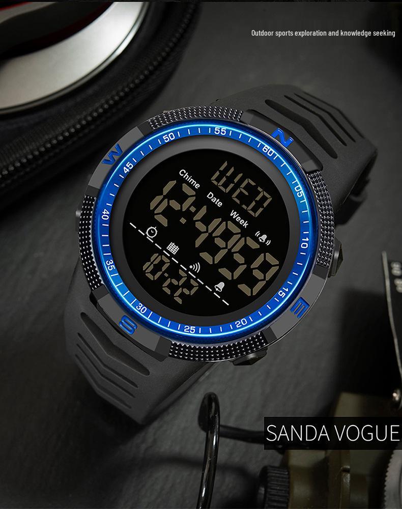 Sanda Мужские светящиеся водонепроницаемые модные электронные часы с большим циферблатом и календарем.