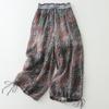 Summer cotton and linen literary and retro casual pants wide-leg pants cotton and linen style loose printing nine-point pants women