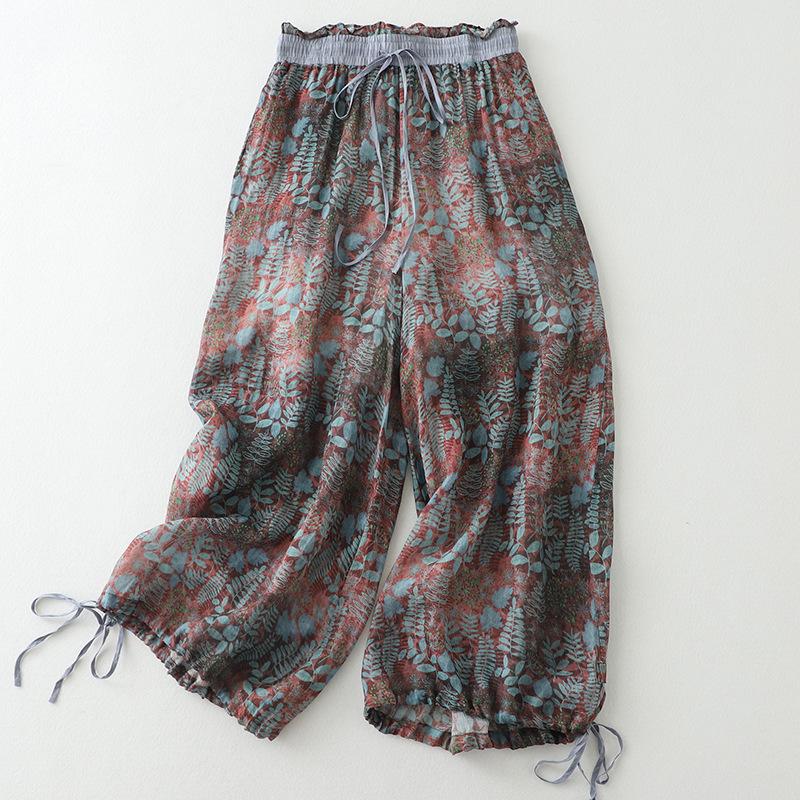 Summer cotton and linen literary and retro casual pants wide-leg pants cotton and linen style loose printing nine-point pants women