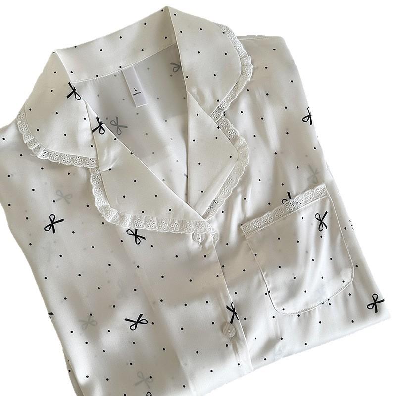 1011 new ice silk pajamas women's long-sleeved trousers small polka dot bow printing summer loungewear can be worn outside