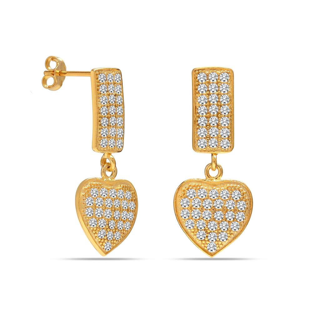 925 Sterling Silver 14K Gold-Plated Hanging Zirconia Amour Heart Stud Drop Dangle Earrings for Women Teen