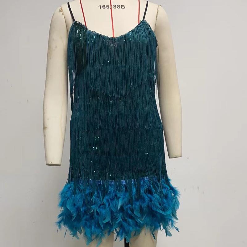Модное сексуальное платье с пайетками и кисточками на день рождения для женщин без рукавов с V-образным вырезом, элегантное платье в стиле пэчворк с перьями и высокой талией, повседневные платья с открытой спиной 25029