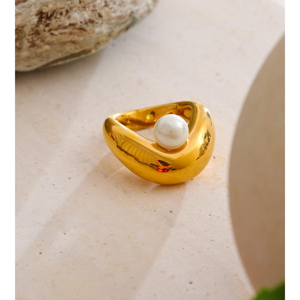 Eetit Glossy Stainless Steel Simulated Pearls Finger Ring Hypoallergenic Metal Minimalist Chic Jewelry Accessories