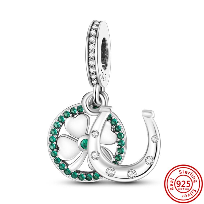 925 Sterling Silver Four Leaf Clover Style Green Clear Zircon Heart Lucky Beads Fit Original Charms Bracelet DIY Jewelry
